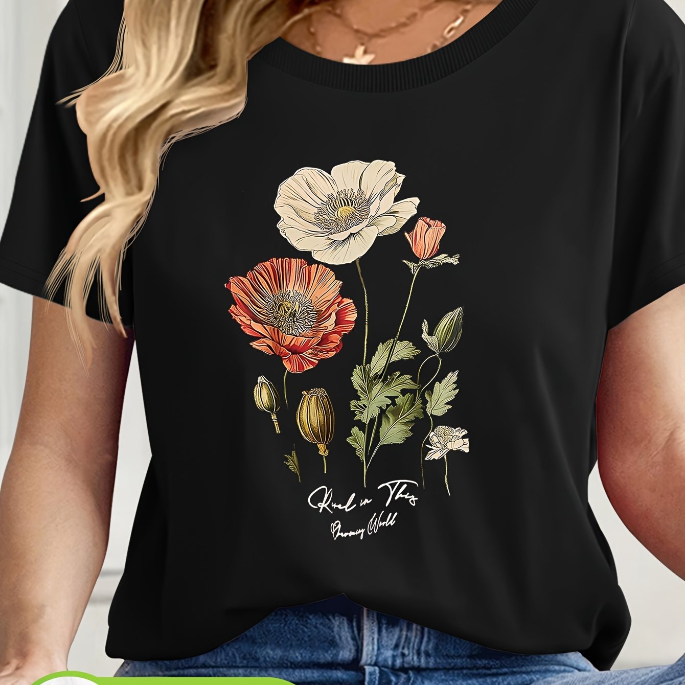 Short Sleeve Round Neck Top with Vibrant Poppy & Foliage Design