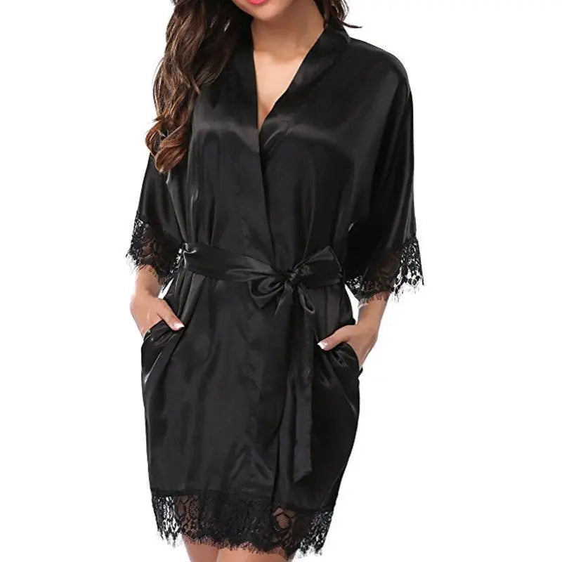 Sleepwear Nightgowns Half Sleeve Nightdress Black Lace Bathrobe Smooth Soft Comfortable