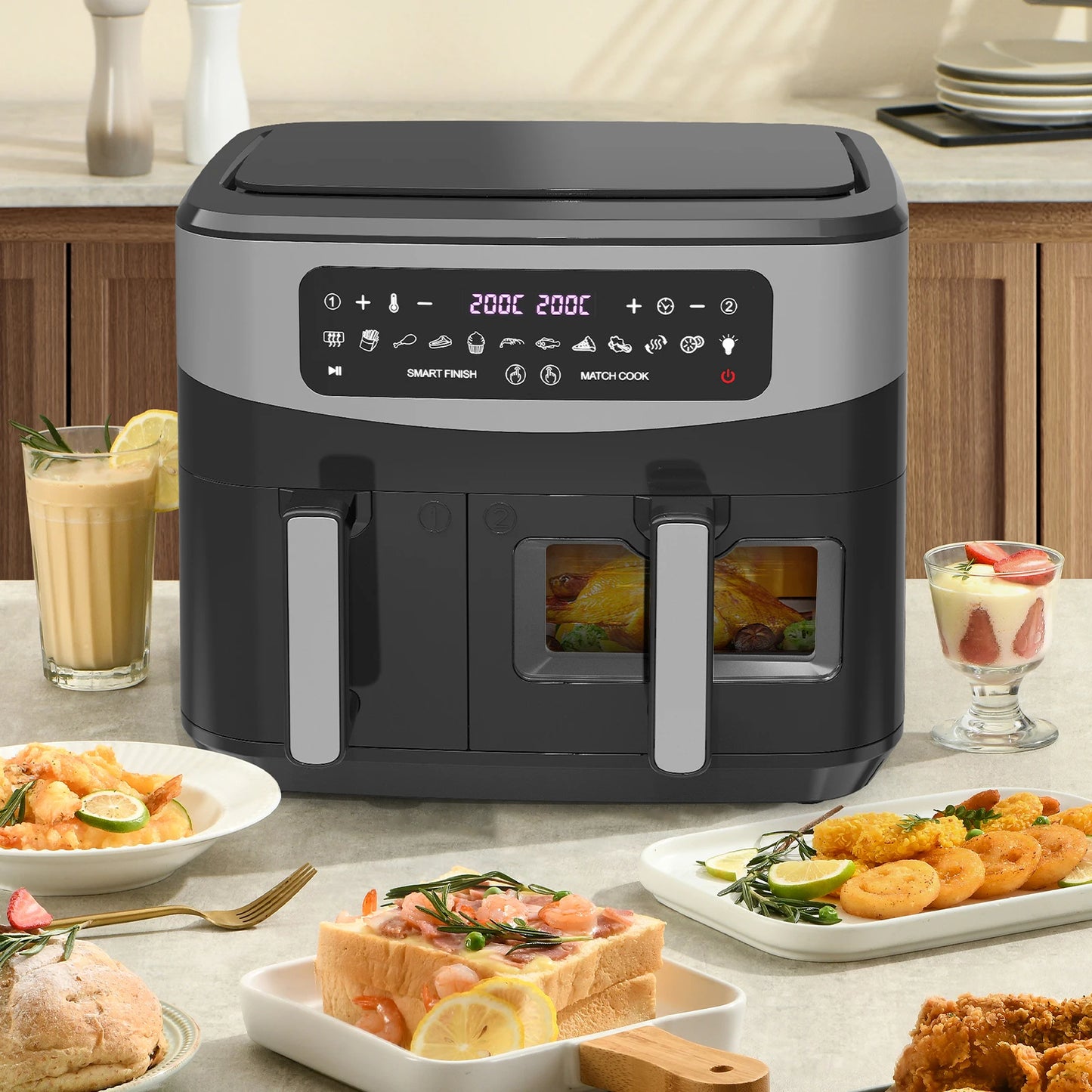 Dual-Basket Air Fryer with Viewing Window, 10L (4L x 6L) XXL 2600W Capacity Double Air Fryer, 12-in-1 Preset Functions