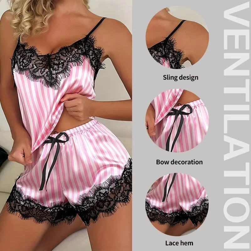 Two Piece Women's V-Neck Sexy Lace Suspender Pyjama Shorts Set