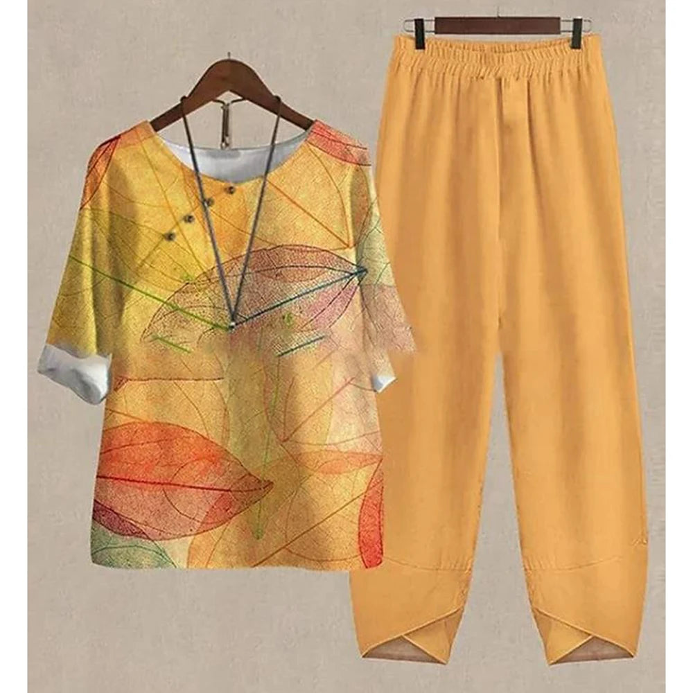 Summer 2 Piece Set Sleeve Shirt Top High Waist Pant