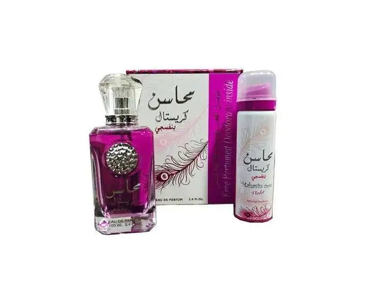 Crystal Violet Eau de Parfum for Women 100ml + Deodorant Spray 75ml, floral and musky fragrance with notes of raspberry and rose, perfect for women seeking a luxurious, long-lasting scent.