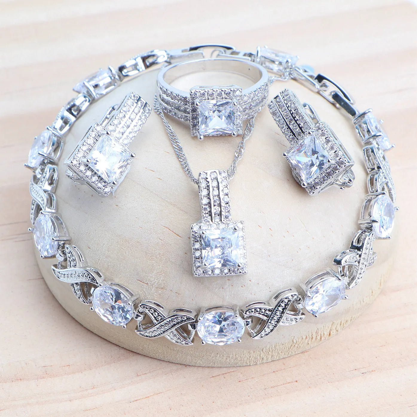 4Sets Silver 925 Fine Costume Jewellery Earrings Rings Bracelets Pendant Necklace