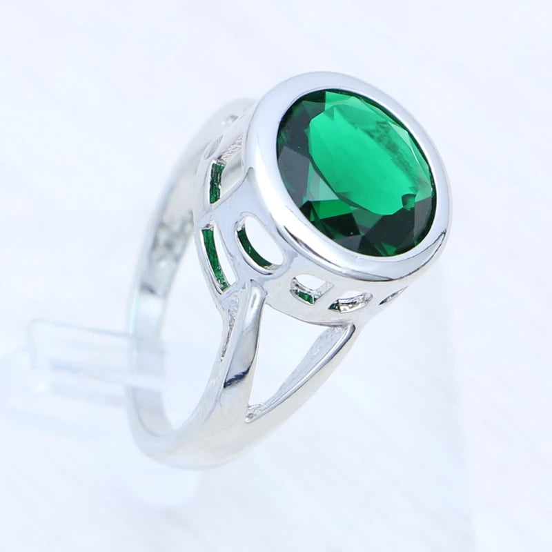 Jewelry 3Set Silver Bridal Earrings Ring Pendant Necklace Round Emerald Jewelry