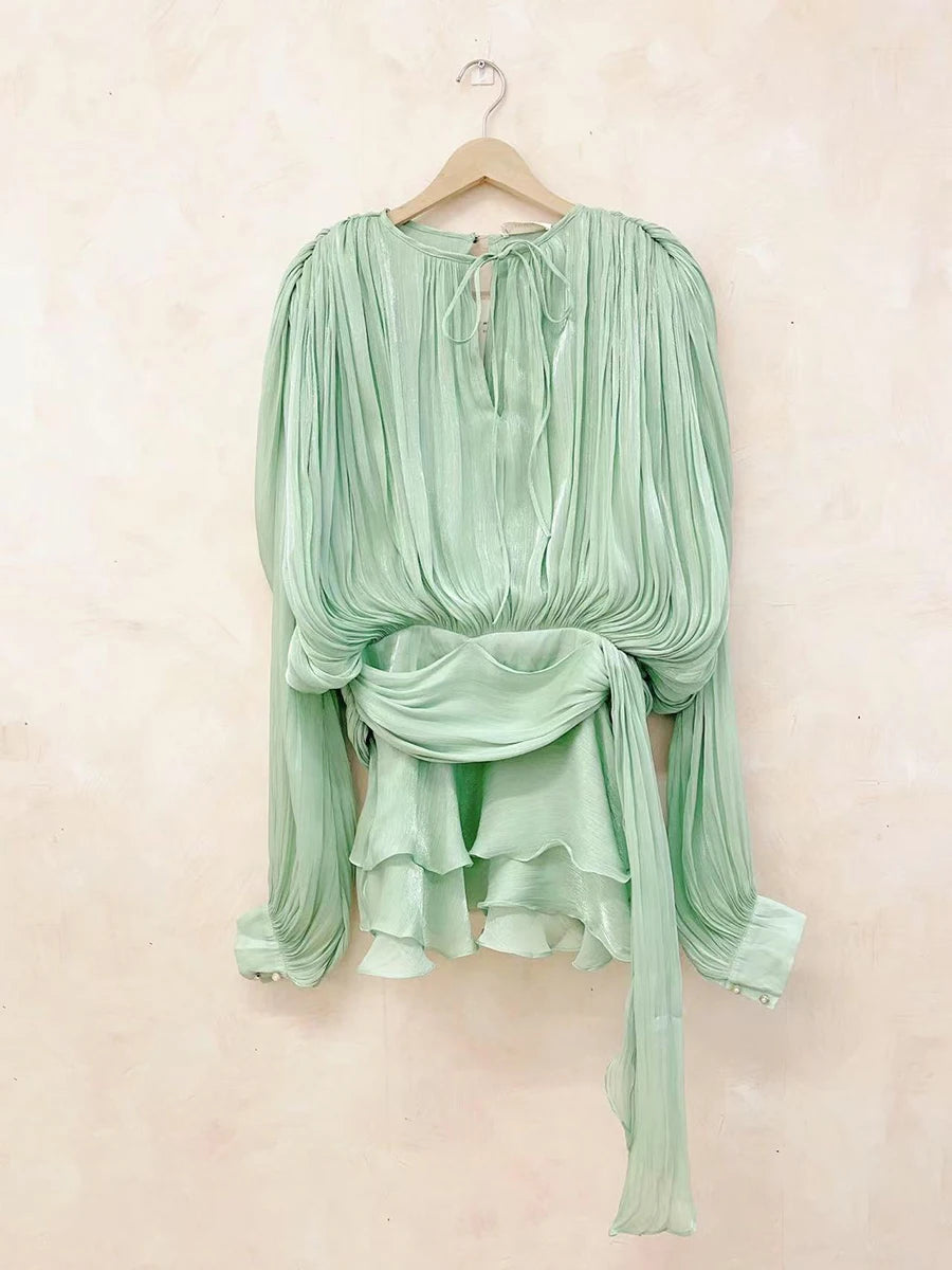 Solid Blouse Mini V Neck Long Sleeve Spliced Lace Up Sweet Style Dress