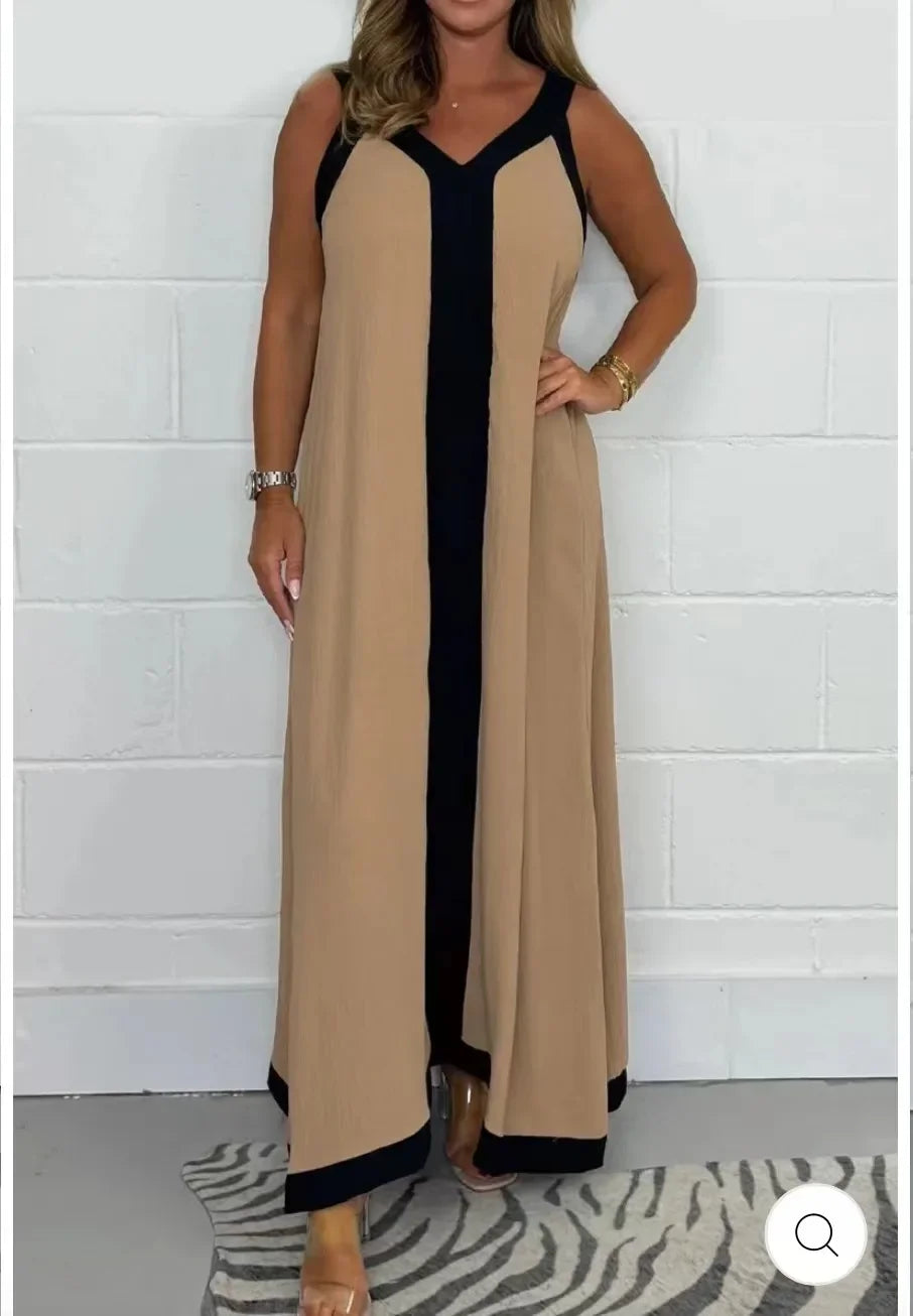 Sexy V-Neck Color Blocking Tank Loose-Fit Waist Long Dress