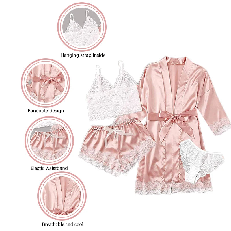 4 Pieces Lace Satin With Silk Sleepwear Robe Comfortable Nightwear