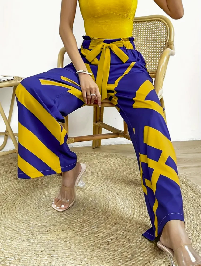 Geometric Pattern Print Wide Leg Pants Bow Front High Waist Pants For Every Day