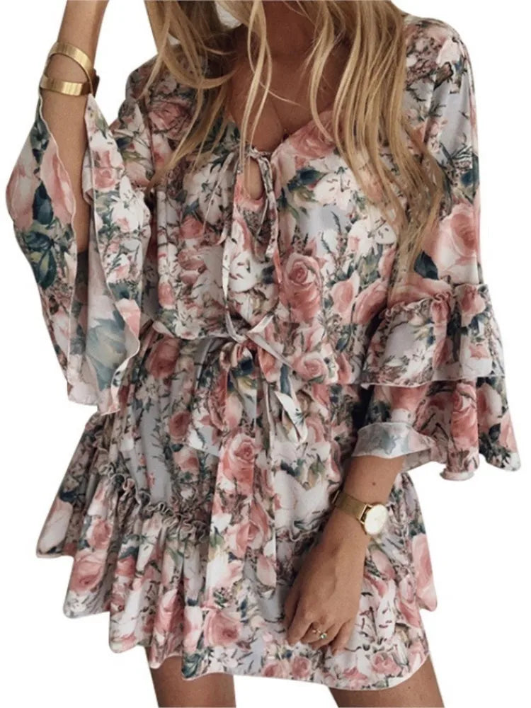Summer Sexy V-neck Lace Up Flared Sleeve Mid Waist Short Dress