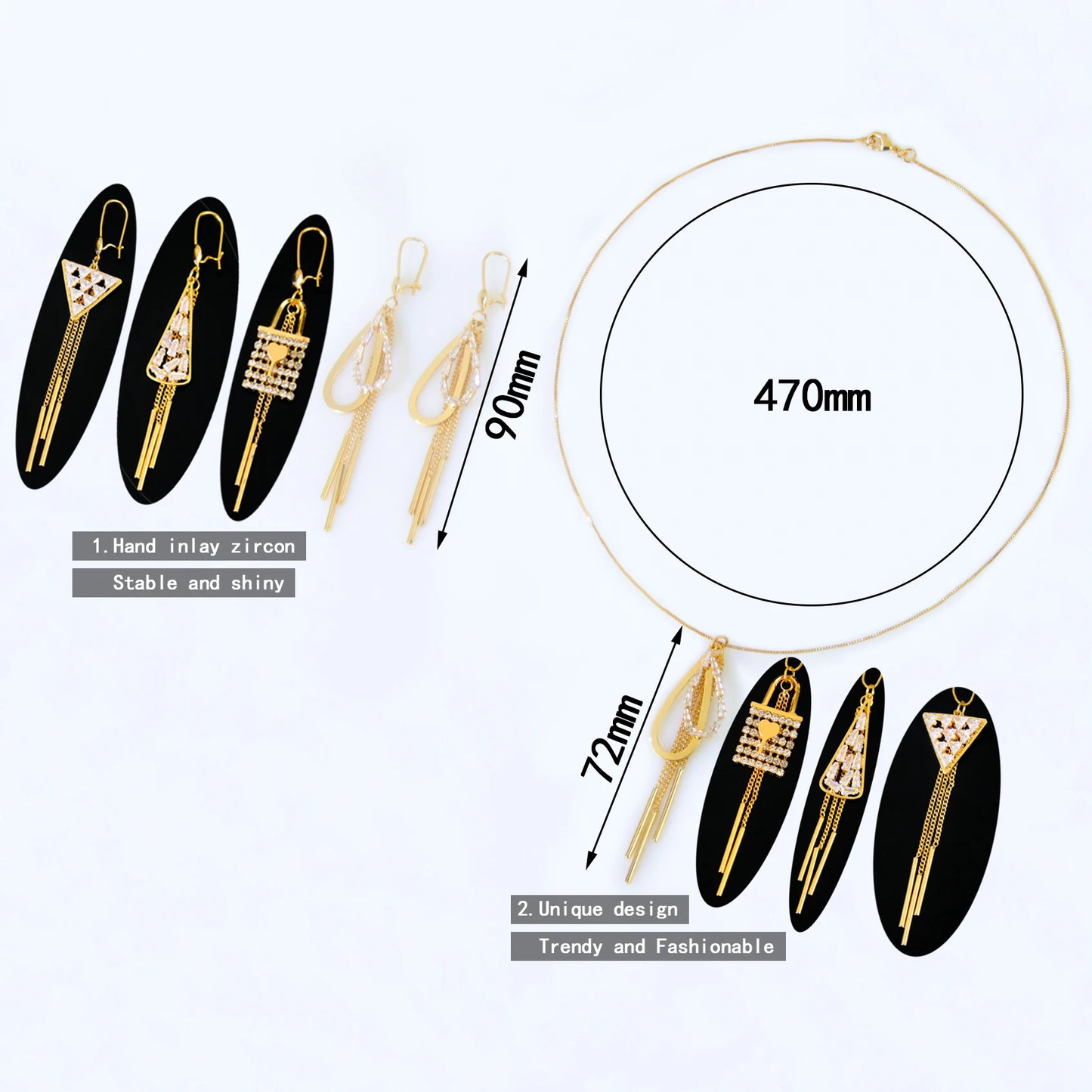 Elegant Shiny Tassel Necklace Set 21k Gold Plated Geometric Triangular Party Jewelry
