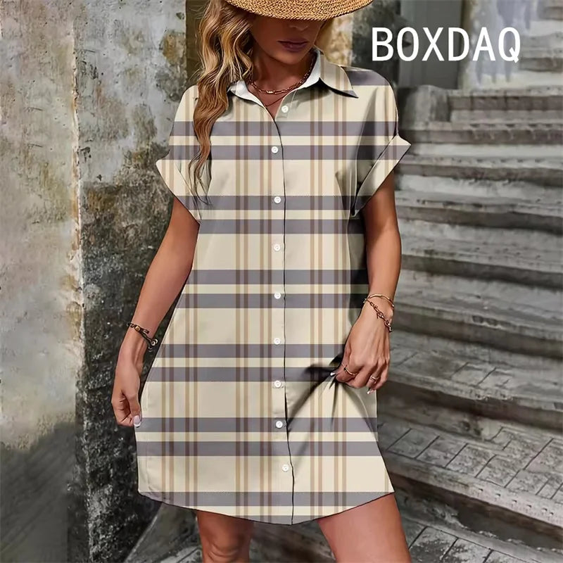 Elegant Vintage Striped Print Short Sleeve With Button Dress