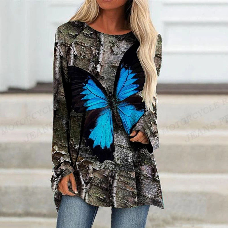 Plant Flowers T Shirt Long Sleeve Butterfly Tops