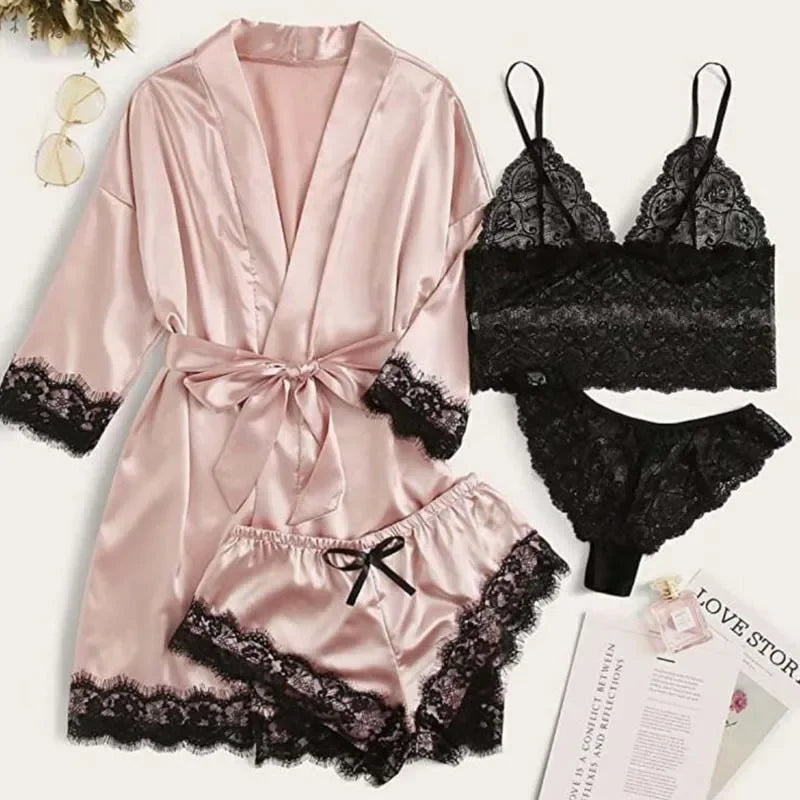 4 Pieces Woman Sleepwear Pijamas Sexy Lace Lingerie Bathrobe Silk