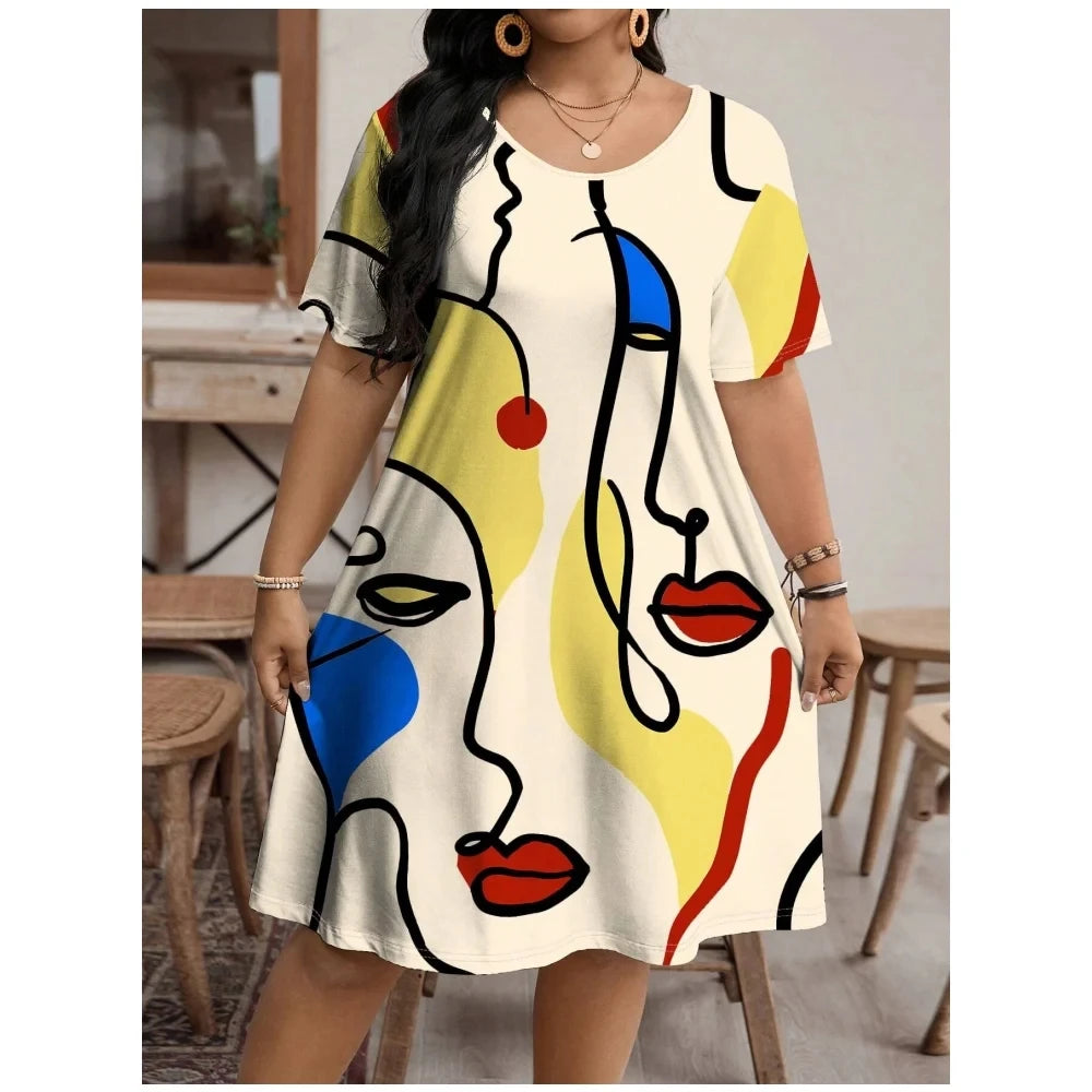 Streetwear Pattern Print Summer Dress Casual Short Sleeve Plus Size 9XL