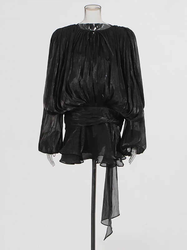 Solid Blouse Mini V Neck Long Sleeve Spliced Lace Up Sweet Style Dress