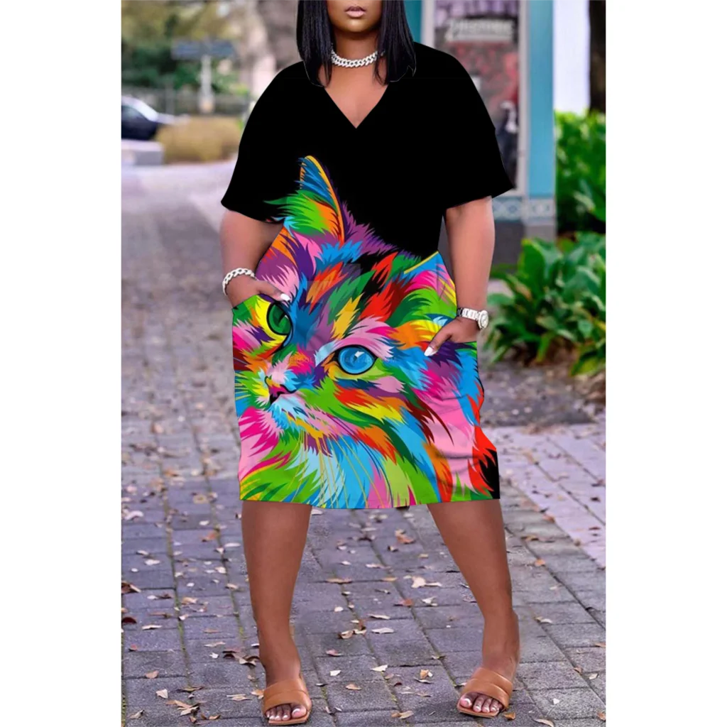 Ladies Short Sleeve Knee-length Boho V-Neck Dress