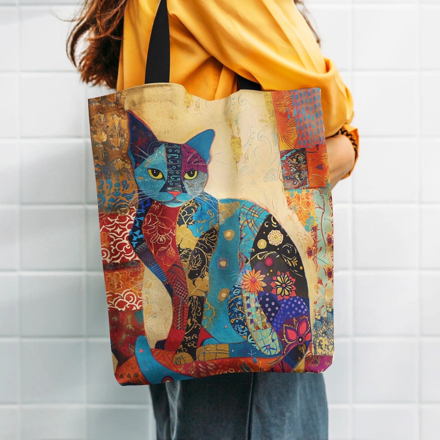 Floral Cat Pattern Lightweight Grocery Shopping Bag