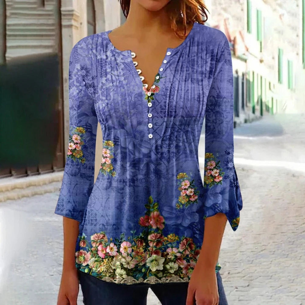 Summer Street Fashion Button-Down Comfortable Seven-Quarter Sleeve Top