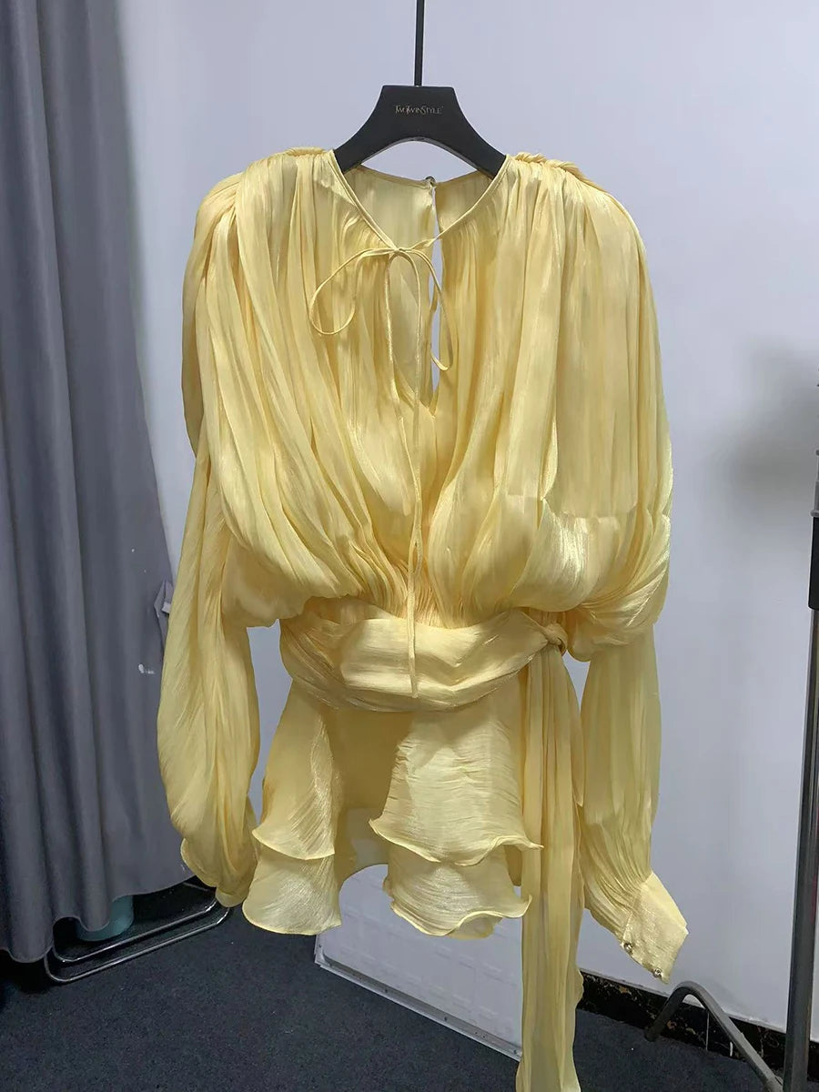 Solid Blouse Mini V Neck Long Sleeve Spliced Lace Up Sweet Style Dress