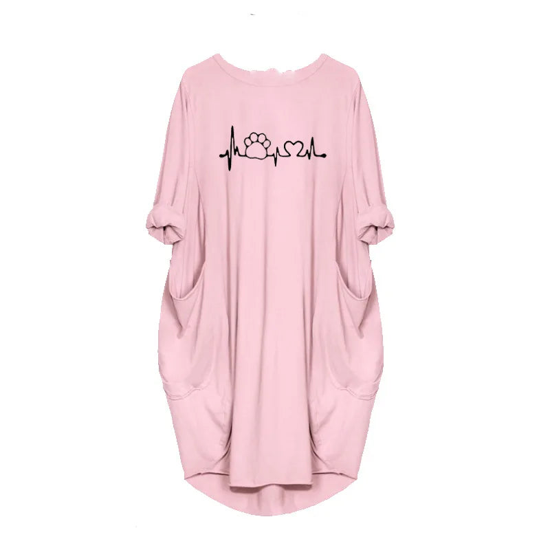 Plus Size Dress Autumn Winter Casual Round Neck Solid Color Long Sleeve Pocket Pullove Dress