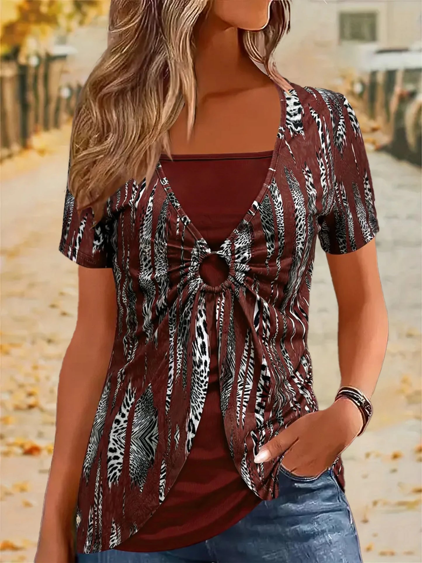 Two-Piece T-Shirt - Plus Size Elegant Casual Short Sleeve Top for Women