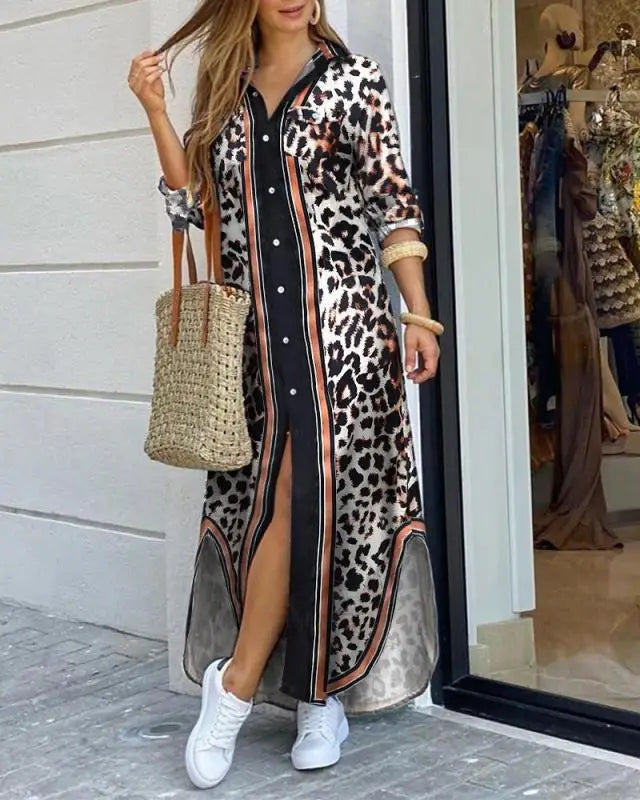 Long Sleeve Pocket Button Print Shirts Dress