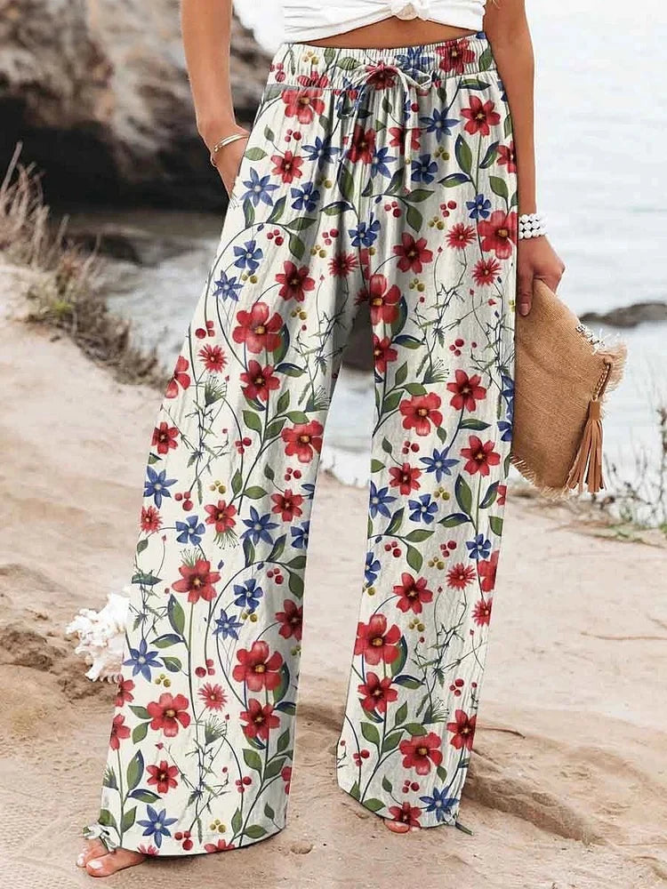 Relaxed-Fit Casual Pants 3D Floral Print Comfortable Breathable Fashionable Wide-Leg Pants