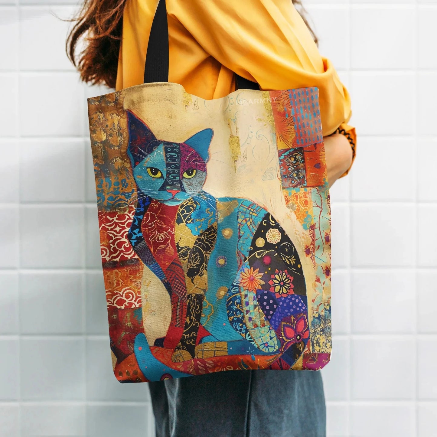 Floral Cat Pattern Lightweight Grocery Shopping Bag