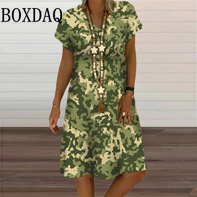 Camouflage Print Midi Dress V-Neck Summer Clothing