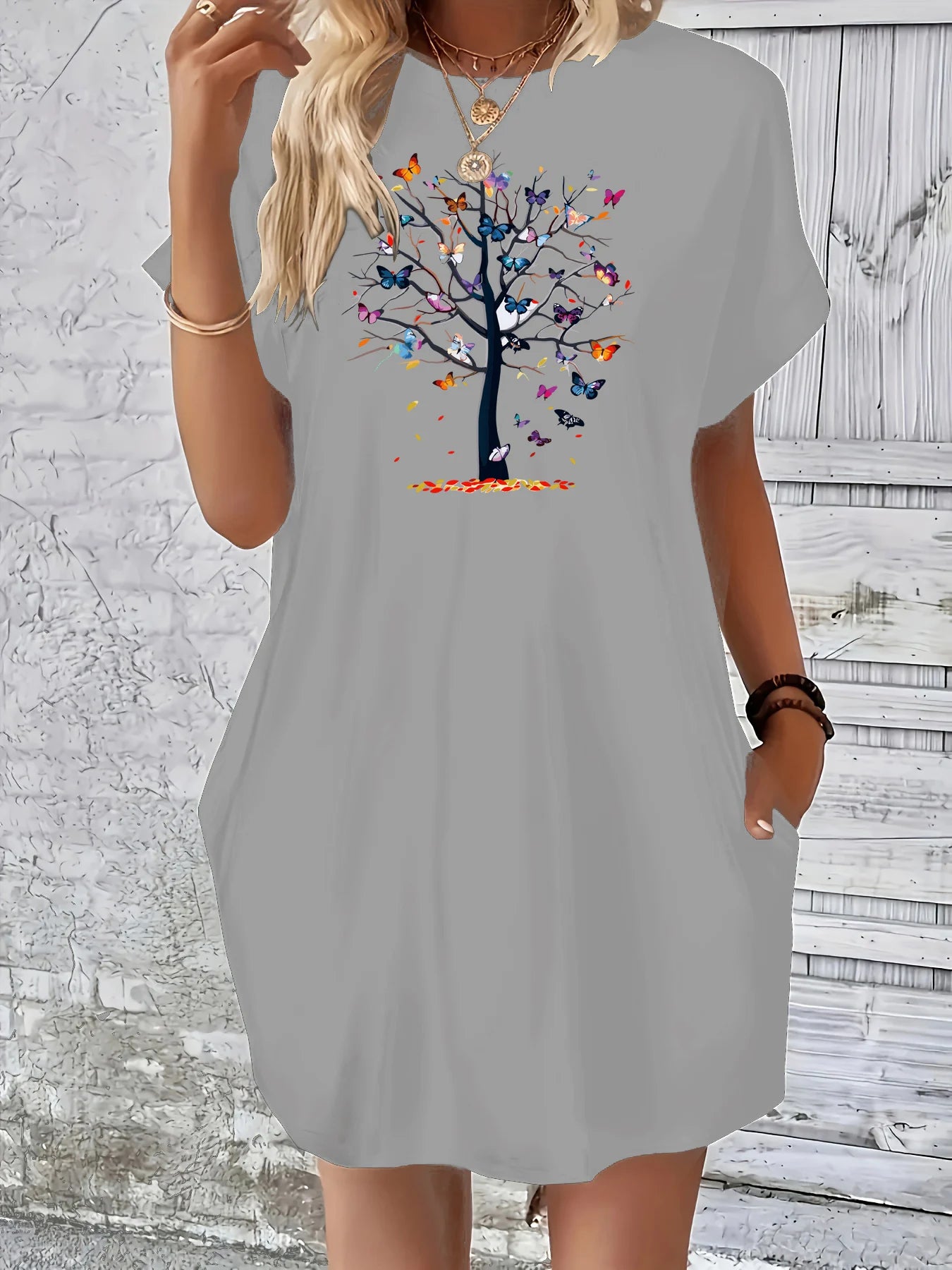 Butterfly tree pattern printed round neck short sleeved pocket comfortable Dress