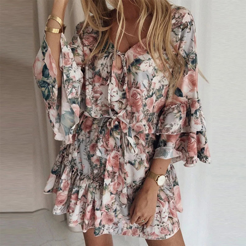 Summer Sexy V-neck Lace Up Flared Sleeve Mid Waist Short Dress