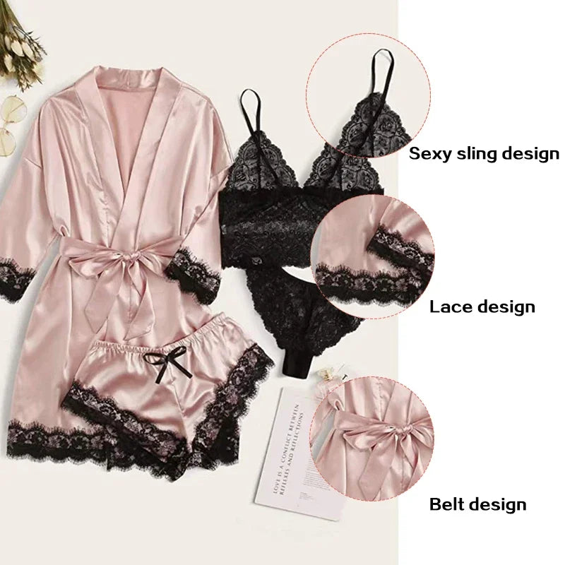 4 Pieces Woman Sleepwear Pijamas Sexy Lace Lingerie Bathrobe Silk
