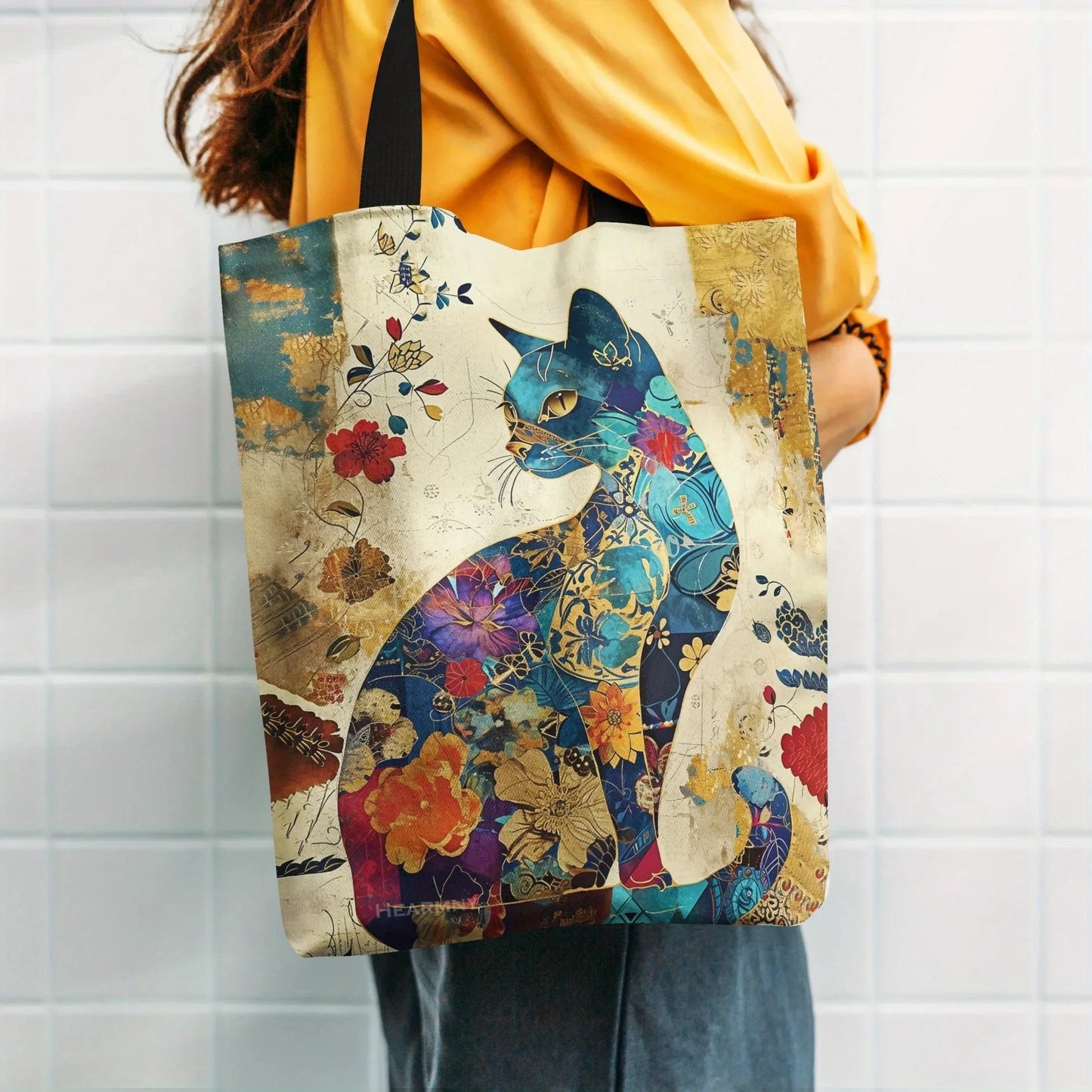 Floral Cat Pattern Lightweight Grocery Shopping Bag