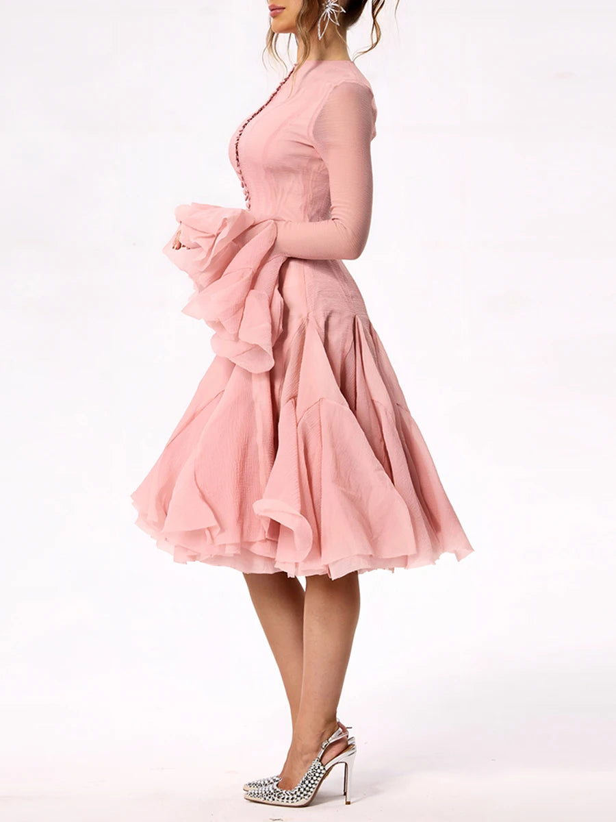 Pleated Patchwork Fashion Long Lantern Sleeve Waist Cinching Mini Dress