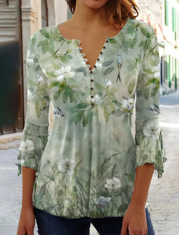 Summer Street Fashion Button-Down Comfortable Seven-Quarter Sleeve Top