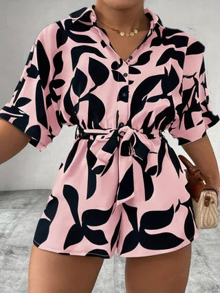 Casual Front Snap Shirt Collar Short Sleeve Printed Overalls with Bow Ties