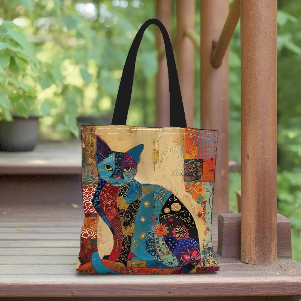 Floral Cat Pattern Lightweight Grocery Shopping Bag
