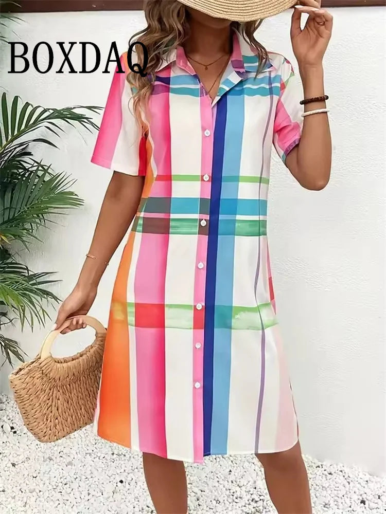 Summer Party Elegant Sundress Casual Button Lapel Shirts Dress