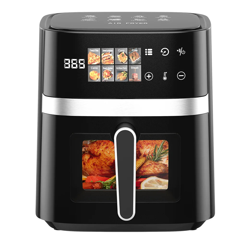 Patbrela 5.5L Air Fryer 8-in-1 Electric Hot Oven with Digital LED Screen Visible Window Max 200°C 1350W New Black Non-fat fryer