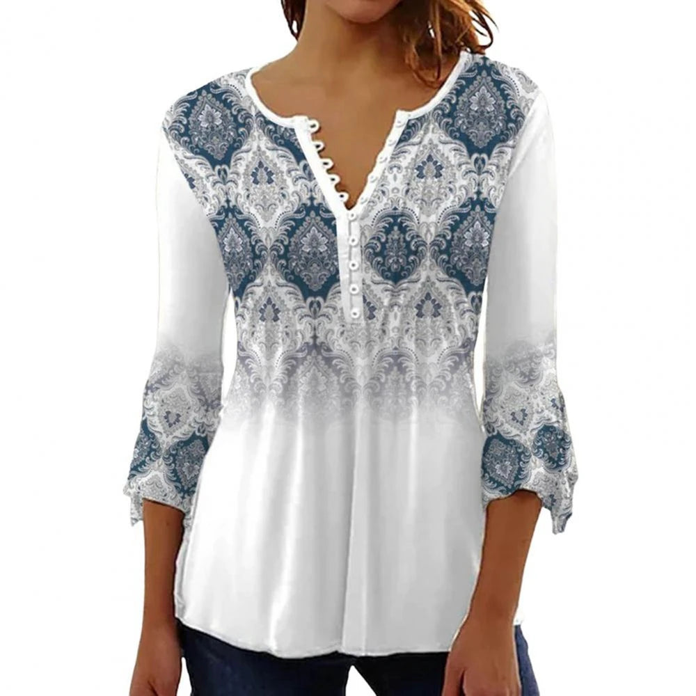 Summer Street Fashion Button-Down Comfortable Seven-Quarter Sleeve Top
