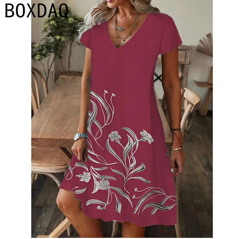 Summer Beach Casual A-Line Short Sleeve V-Neck Dress