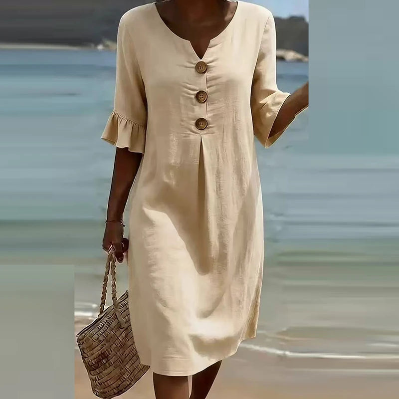 Elegant V Neck Half Sleeve Button Midi Holiday Dress