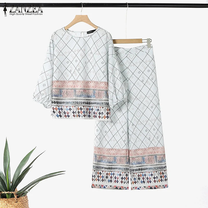 2pcs Outfit Wide Leg Pant Long Sleeve Blouse Trouser Suits
