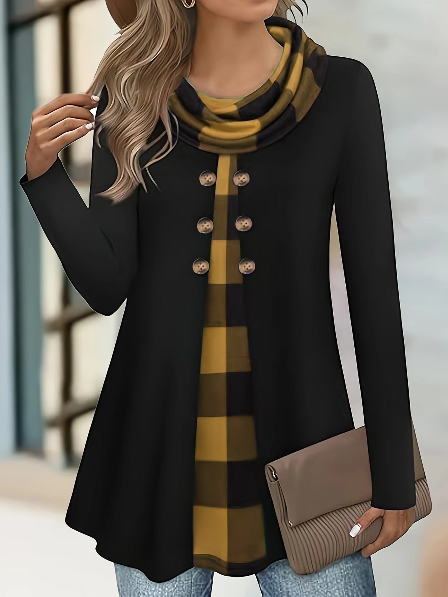 two-piece pleated scarf wild button plus size women's thin long-sleeved T-shirt