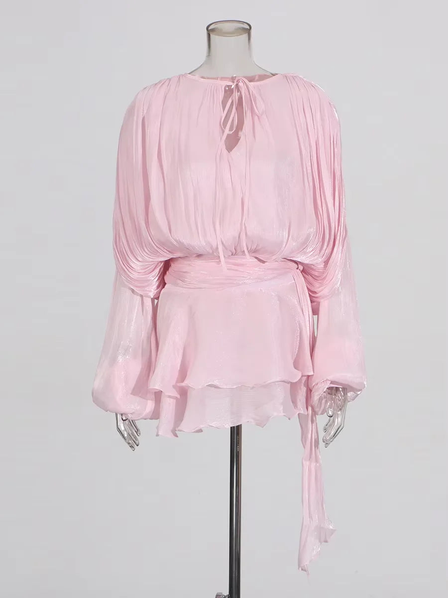 Solid Blouse Mini V Neck Long Sleeve Spliced Lace Up Sweet Style Dress