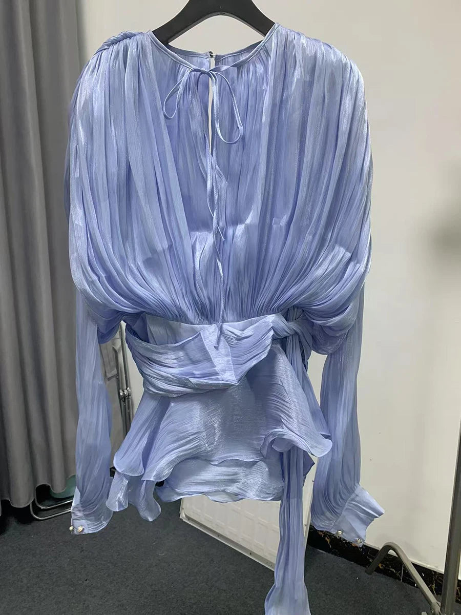 Solid Blouse Mini V Neck Long Sleeve Spliced Lace Up Sweet Style Dress