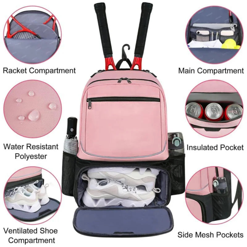 Professional Tennis Backpack Large Capacity Sports Racket Pack Holds 1-2 Tennis Rackets Outdoor Badminton Bag With Shoe Pocket