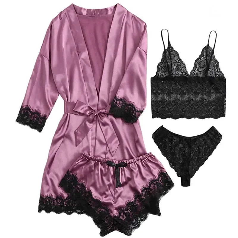 4 Pieces Woman Sleepwear Pijamas Sexy Lace Lingerie Bathrobe Silk