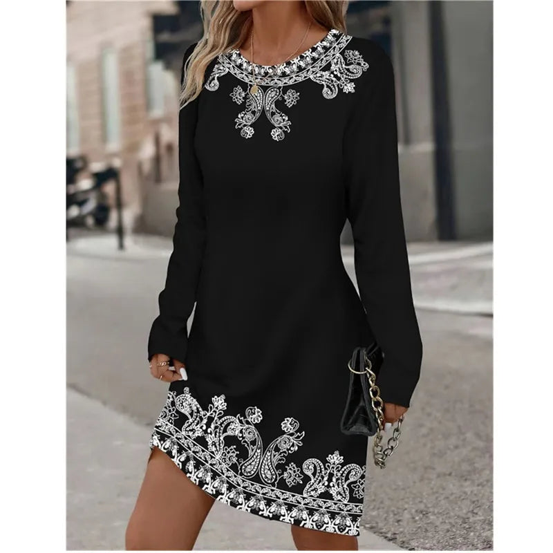 Round Neck Long Sleeved Plant Flower Printed Dress Vintage Gradient