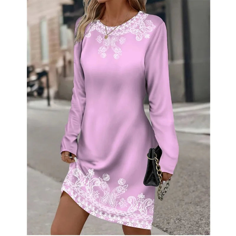 Round Neck Long Sleeved Plant Flower Printed Dress Vintage Gradient